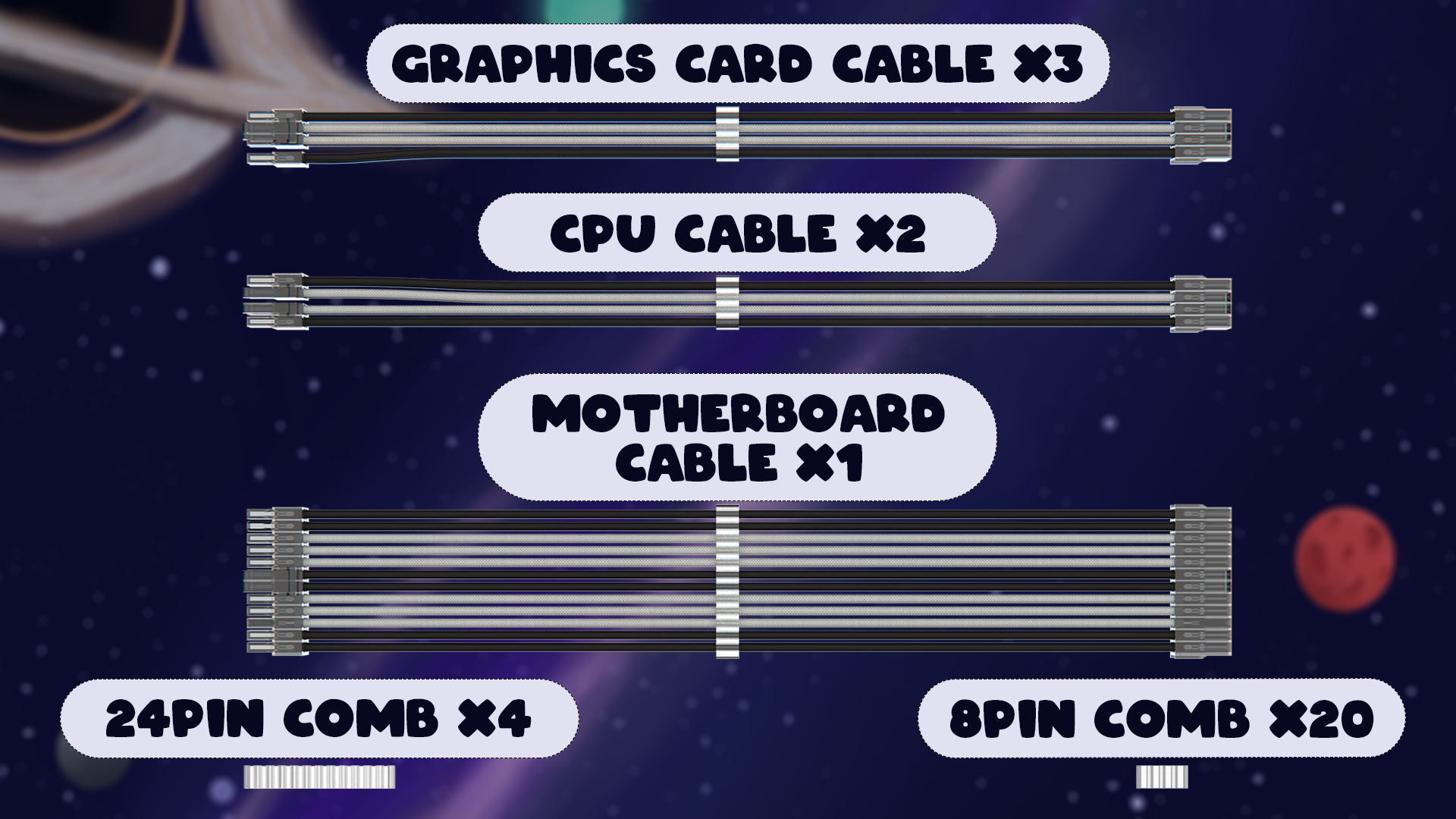 Custom Sleeved Power Supply Cable Extension Kit BLACK/GREY