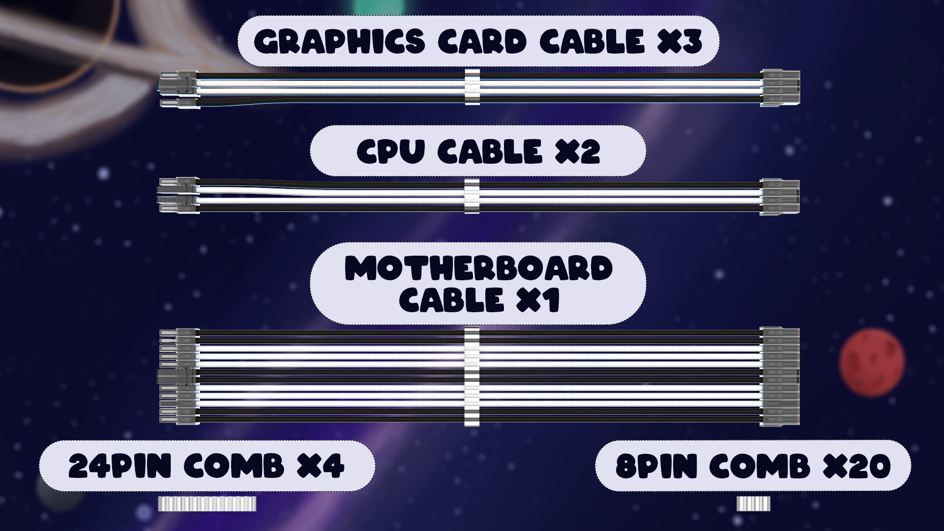 Custom Sleeved Power Supply Cable Extension Kit BLACK/WHITE